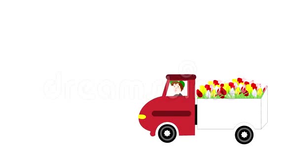 卡车在白色的背景上载着鲜花视频的预览图