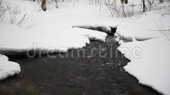 在公园里流着雪的水背景中的冰柱视频的预览图