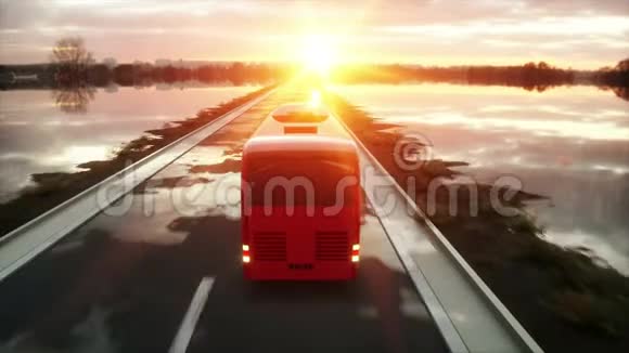 旅游红色巴士在公路上行驶开得很快旅游和旅游概念逼真的4k动画视频的预览图