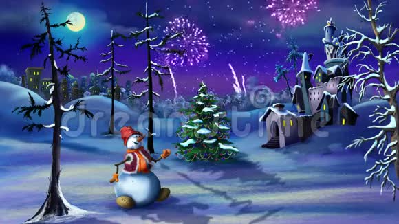 雪人与圣诞树新年庆典视频的预览图