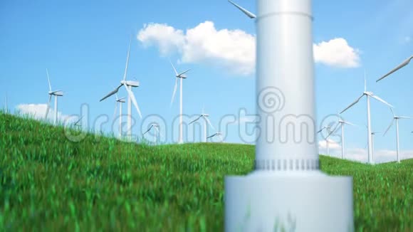 风电场涡轮机陷入蓝天与天空的美丽对比生态概念3D渲染视频的预览图