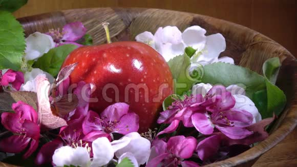 成熟的红苹果和深红色的苹果树花视频的预览图