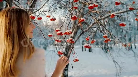 冬天公园里美丽迷人的女人视频的预览图