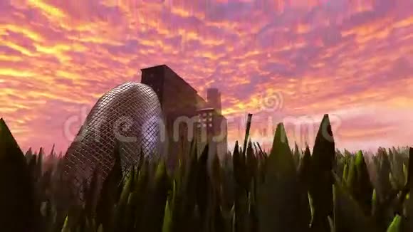 日落时分建筑物和草地之间的小舞台视频的预览图