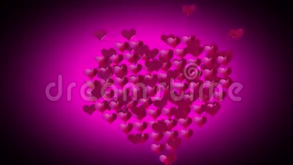 许多粉红色的小心脏在黑色闪亮的背景上展开并收缩形成一颗大心脏用于广播节目视频的预览图