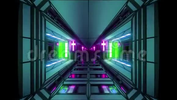 未来主义空间科幻机库隧道走廊与不错的反射和神圣基督教发光交叉三维插图视频的预览图