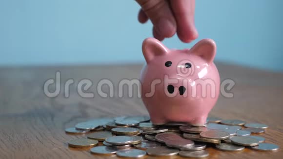 猪银行业务站在一堆硬币的概念上一只手把硬币放在生活方式的储蓄罐里视频的预览图