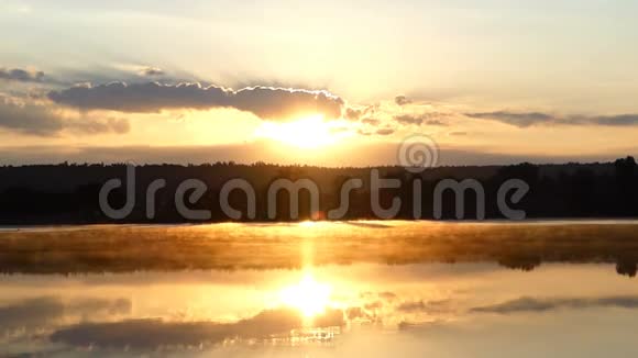一个美丽的森林湖日落时有金色的太阳路径视频的预览图