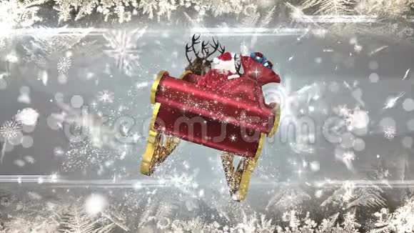 圣诞老人在雪橇上驯鹿在雪花中视频的预览图