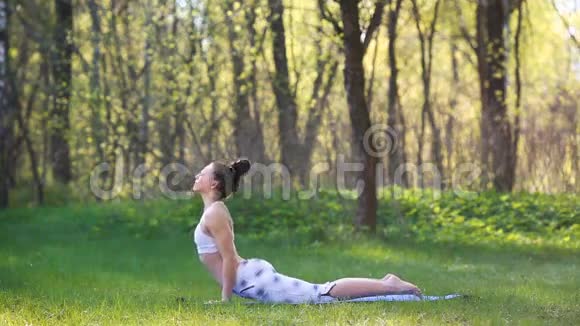 在夏季城市公园做瑜伽练习的年轻女子健康生活方式理念视频的预览图