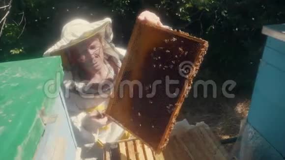 养蜂人在蜂群里工作的蜂群飞行多彩蜂窝慢动作视频养蜂人视频的预览图