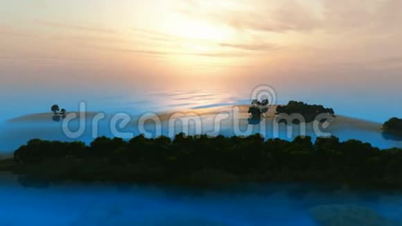 日落时蓝色的海洋森林岛屿视频的预览图