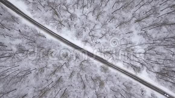 在冬季森林道路上驾驶汽车的鸟瞰图冬季景观视频的预览图