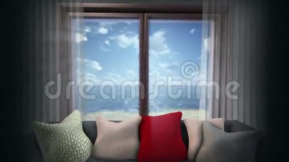 有开放窗口和海洋海滩的概念度假背景视频的预览图