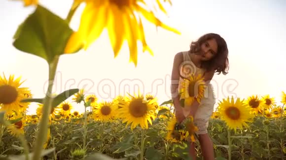 夏日向日葵阳光下的快乐小女孩美丽的夕阳生活小女孩向日葵视频的预览图