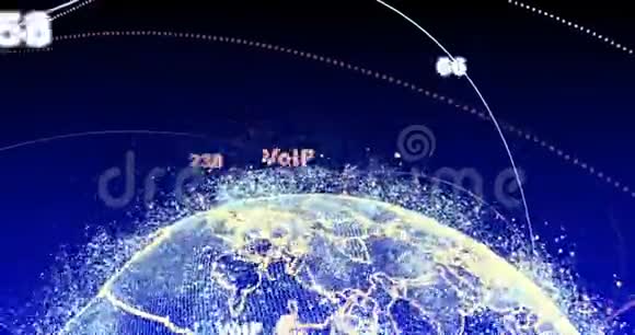 具有颗粒和丛状结构的抽象球体数字技术星球与大陆形成三角带视频的预览图
