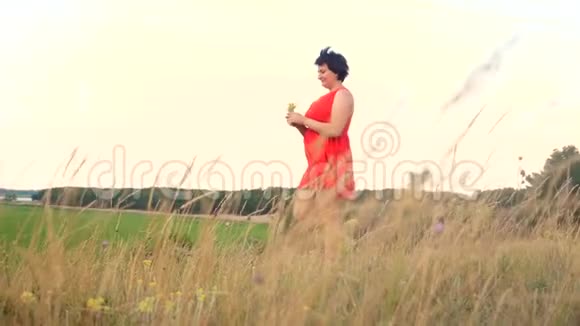 加上尺寸时尚模特在慢动作视频上行走的草地肥婆对大自然的野草生活方式视频的预览图