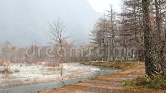 日本长野县北日本阿尔卑斯山的Kamikochi国家公园秋叶与江的美丽山视频的预览图