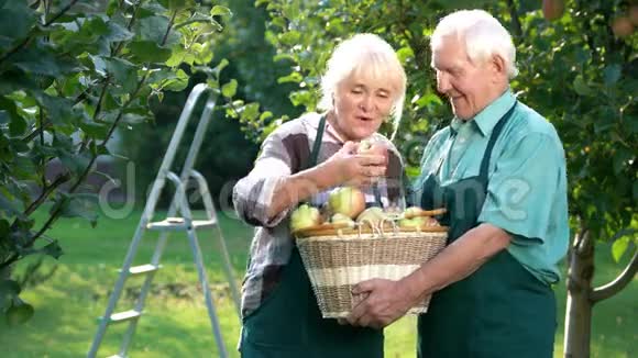 一对老夫妇拿着苹果篮子视频的预览图