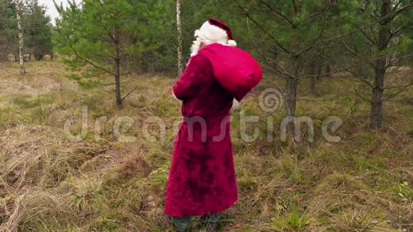 圣诞老人带着礼品袋在森林里视频的预览图