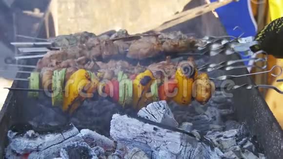 烧烤时可享用美味的烤肉和蔬菜视频的预览图