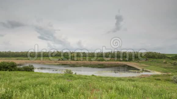 俄罗斯时间流逝早春在大草原上雷云在冬小麦的田野上移动视频的预览图