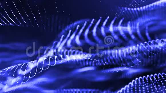 三维蓝色背景与奇妙的发光粒子循环三维动画具有景深光效现代视频的预览图