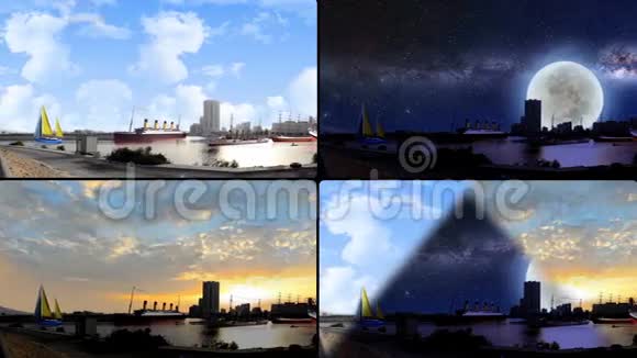 从不同类型的船只在四个屏幕的海滨视频的预览图