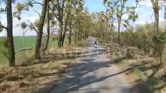 一个女孩骑着脚踏车在有树的小巷里视频的预览图