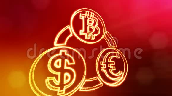 符号比特币欧元和美元在一个循环的组合由辉光粒子制成的财务背景闪亮的3D无缝视频的预览图