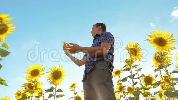 农夫手里拿着一个塑料瓶向日葵油的生活方式站在田野里慢速视频视频的预览图