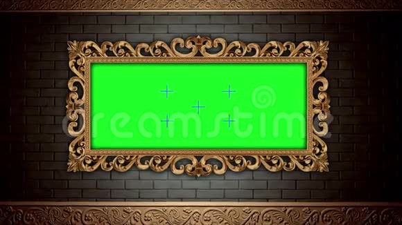 砖墙上的金色复古框架设计复古元素绿色屏幕视频的预览图