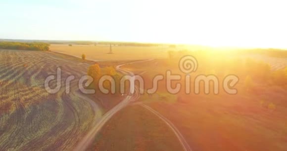 超高清4K鸟瞰图空中飞越黄色的田园和土路视频的预览图