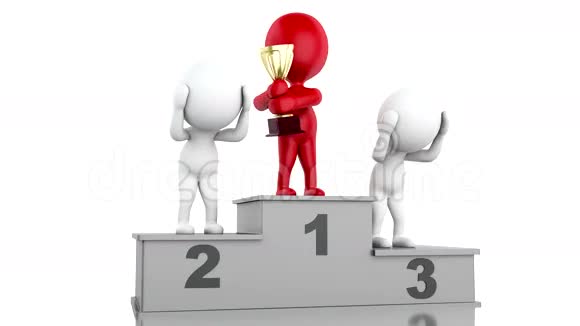 三维白人获奖者在体育领奖台与奖杯视频的预览图