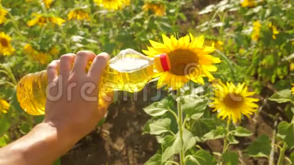 农夫手里拿着一瓶塑料葵花籽油阳光洒在他的手里慢动作视频生活方式农业视频的预览图
