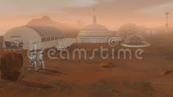 3D绘制火星上的殖民地两名穿太空服在火星表面行走的宇航员视频的预览图