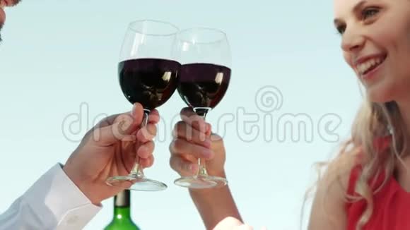微笑浪漫的夫妇品尝酒杯视频的预览图