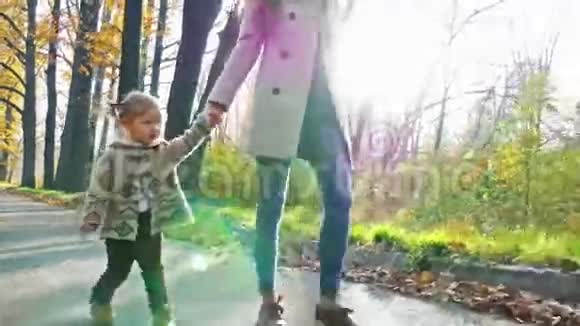 妈妈带着婴儿在户外散步秋天视频的预览图
