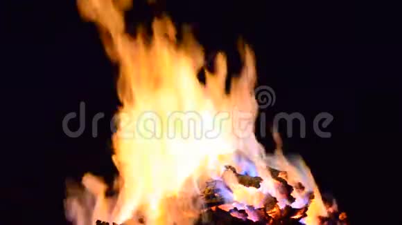 美丽的红色炽热的燃烧着的燃烧着的火焰堆在冬夜里视频的预览图