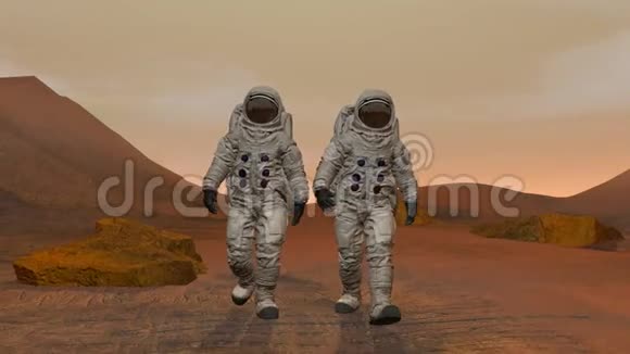 3D绘制火星上的殖民地两名穿太空服在火星表面行走的宇航员视频的预览图