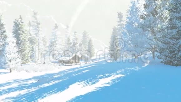 冬天雪山上的小茅屋视频的预览图