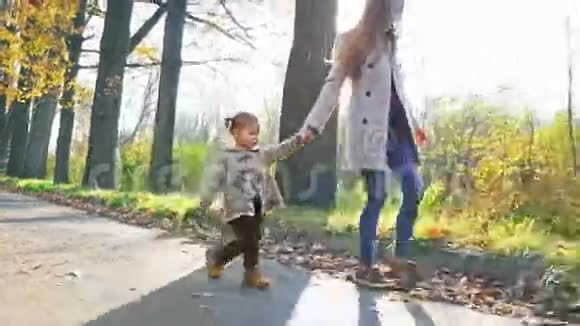 妈妈带着婴儿在户外散步秋天视频的预览图