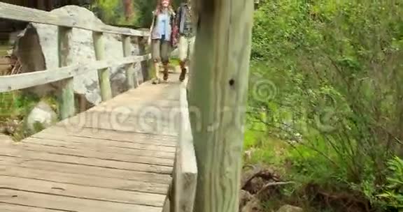 年轻快乐的徒步旅行者夫妇徒步旅行视频的预览图