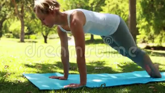 健身女人在公园做瑜伽视频的预览图