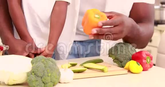 孩子和他父亲一起煮蔬菜视频的预览图