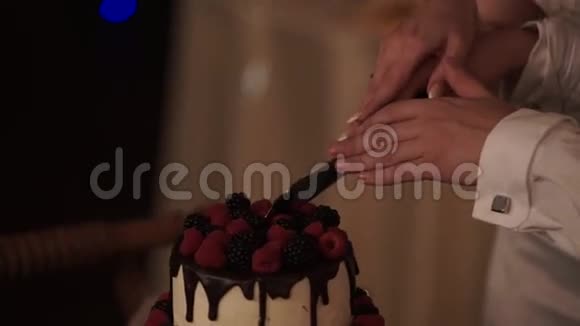 男人和女人切庆祝蛋糕视频的预览图