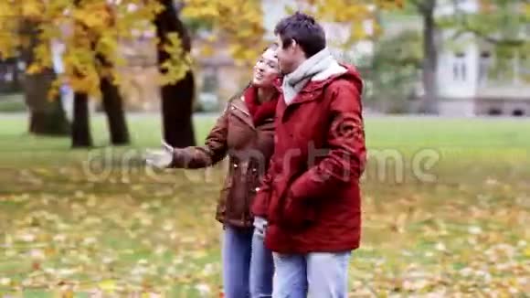 秋天公园散步的快乐年轻夫妇视频的预览图