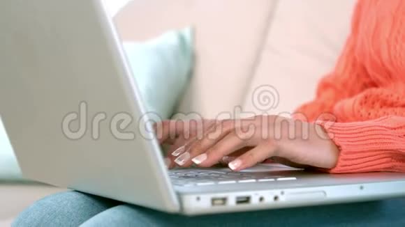 家里沙发上用笔记本电脑的女人视频的预览图