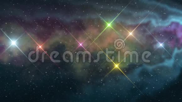七颗彩虹色的星星闪烁着柔和动人的星云夜空动画背景新品质大自然的光芒视频的预览图