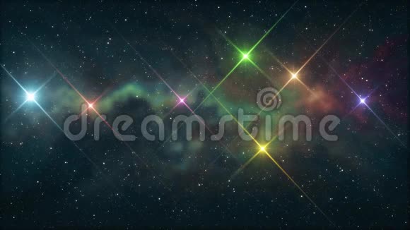 七颗彩虹色的星星闪烁着柔和动人的星云夜空动画背景新品质大自然的光芒视频的预览图